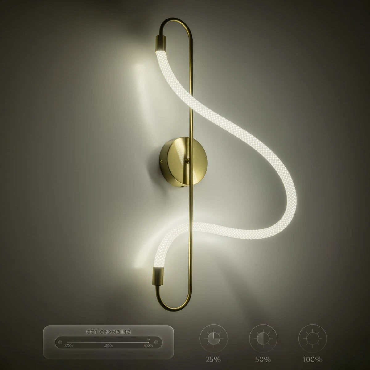 kelvo® GLOW 61683 Μοντέρνο Φωτιστικό Τοίχου - Απλίκα LED 18W 1800lm 360° AC 220-240V IP20 Ρυθμιζόμενο Λευκό CCT με On/Off 2700K/4500K/6000K - Lumileds SMD Chip - Χρυσό Πλατίνα & Λευκό Νήμα - Μ30 x Π15 x Υ70cm - 3 Χρόνια Εγγύηση - ledmania.gr