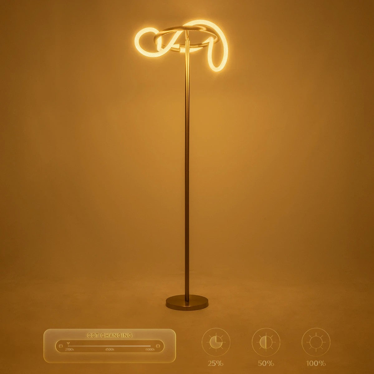 kelvo® GLOW 61687 Μοντέρνο Επιδαπέδιο Φωτιστικό LED 30W 3000lm 360° AC 220-240V IP20 Ρυθμιζόμενο Λευκό CCT με Αφή 2700K/4500K/6000K Dimmable - Lumileds SMD Chip - Χρυσό Πλατίνα & Λευκό Νήμα - Μ45 x Π45 x Υ160cm - 3 Χρόνια Εγγύηση - ledmania.gr