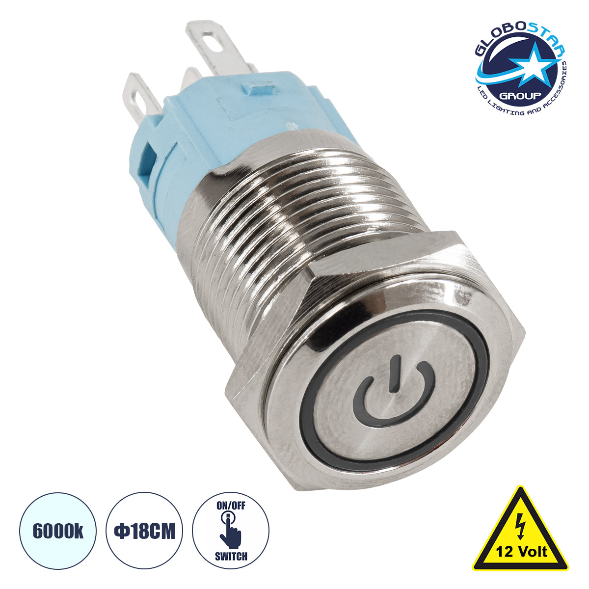 GLOBOSTAR® BUTTON 70780 Φωτιζόμενος Χωνευτός Διακόπτης On/Off LED DC 12V 1 x 3A 690W Max Αδιάβροχο IP65 Ψυχρό Λευκό 6000K - Μ1.8 x Π1.8 x Υ2cm - ledmania.gr