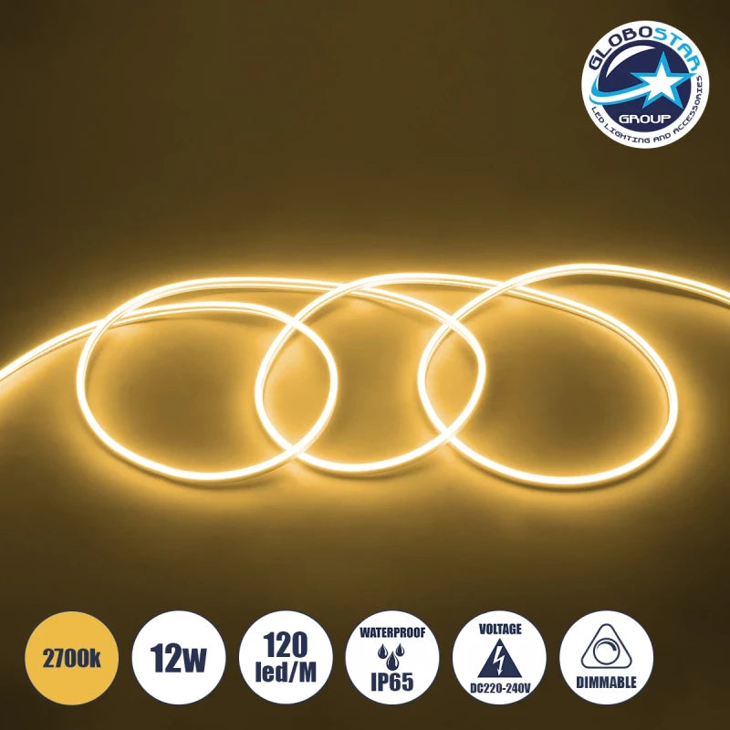 GLOBOSTAR® NEOVALE 70572 Ταινία Neon Flex LED 12W/m 840lm/m 120° DC 220-240V Αδιάβροχο IP65 120 x SMD2835 Chip/m Θερμό Λευκό 2700K Dimmable - Μ100 x Π0.8 x Υ1.6cm - 3 Χρόνια Εγγύηση