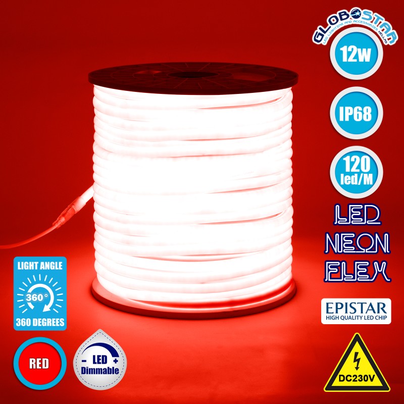 GLOBOSTAR® NEOTUBE 70593 Ταινία Neon Flex LED 12W/m 600lm/m 360° DC 220-240V Αδιάβροχο IP65 120 x SMD2835 Chip/m Κόκκινο Dimmable - Μ100 x Π1.3 x Υ1.3cm - 3 Χρόνια Εγγύηση