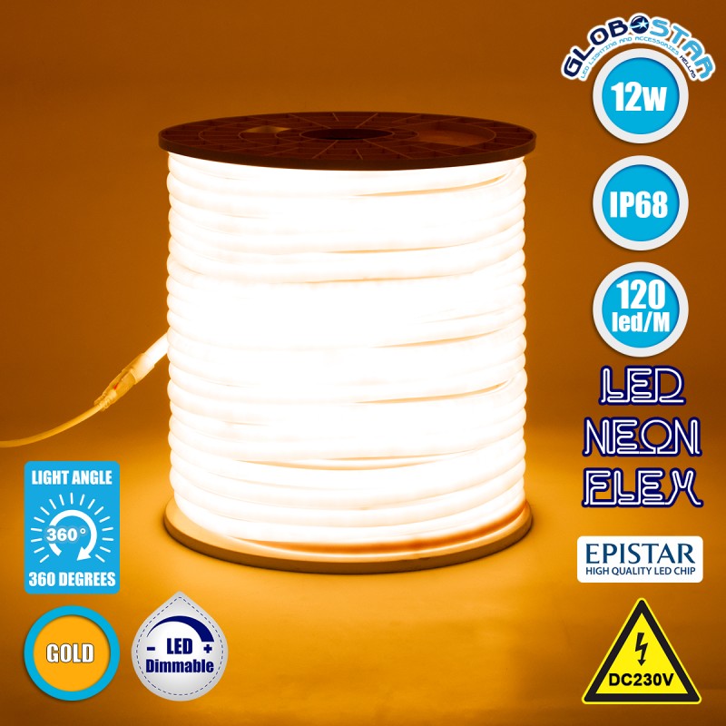 GloboStar® 70596 TUBE 360° Degree Neon Flex Epistar LED SMD 2835 1m 12W/m 120LED/m 1212lm/m 360° DC 230V Αδιάβροχη IP68 Gold - Ultra Θερμό 2200K Dimmable