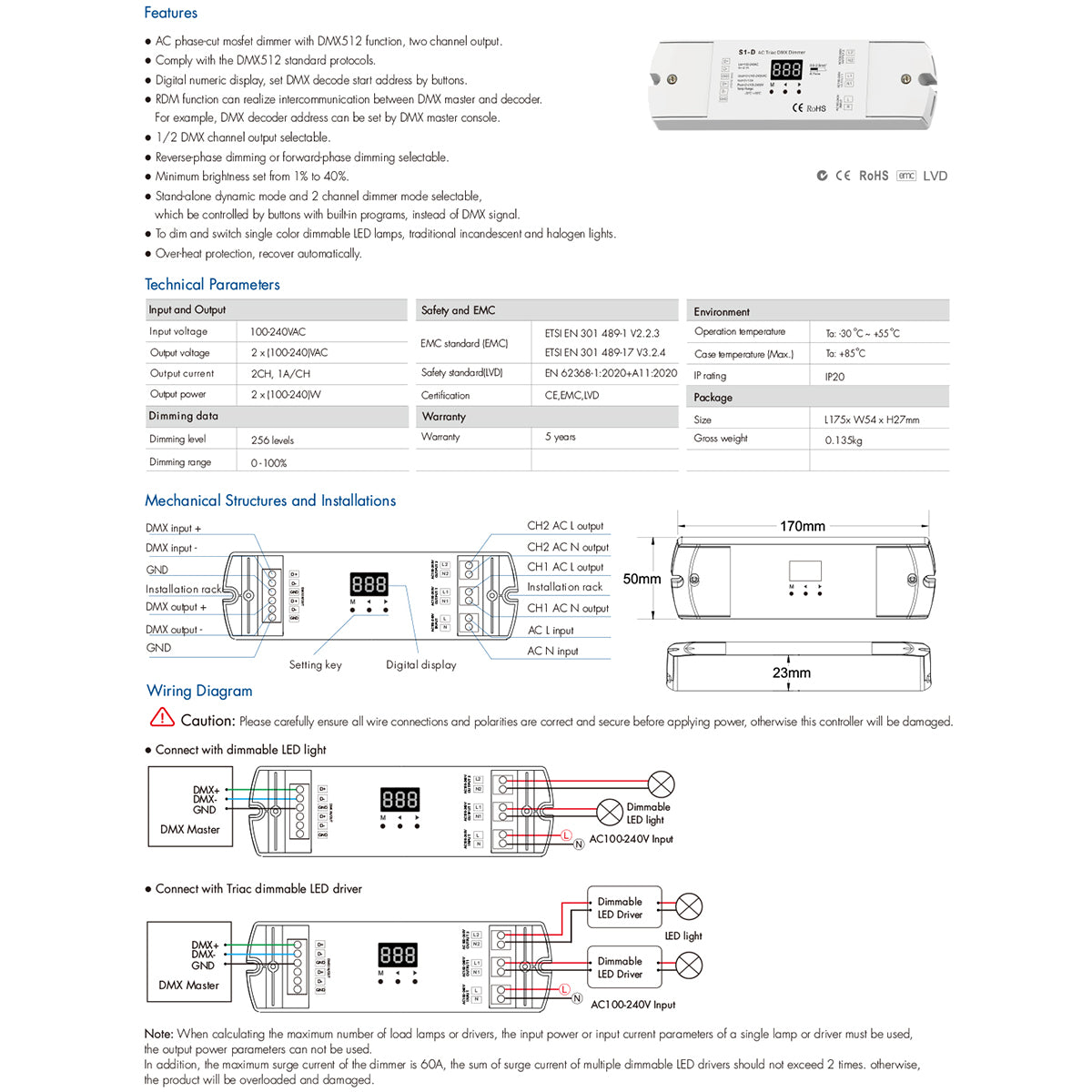 GLOBOSTAR® SKYDANCE-S1-D 70671 AC Trailing Edge DMX Dimmer με 2 x 1A 240W Κανάλια AC 220-240V 2A 480W Max IP20 - DMX512 & RDM - Μ16.7 x Π5 x Υ2.4cm - 5 Χρόνια Εγγύηση - ledmania.gr