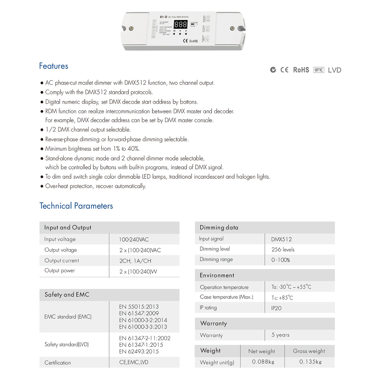 GLOBOSTAR® SKYDANCE-S1-D 70671 AC Trailing Edge DMX Dimmer με 2 x 1A 240W Κανάλια AC 220-240V 2A 480W Max IP20 - DMX512 & RDM - Μ16.7 x Π5 x Υ2.4cm - 5 Χρόνια Εγγύηση - ledmania.gr