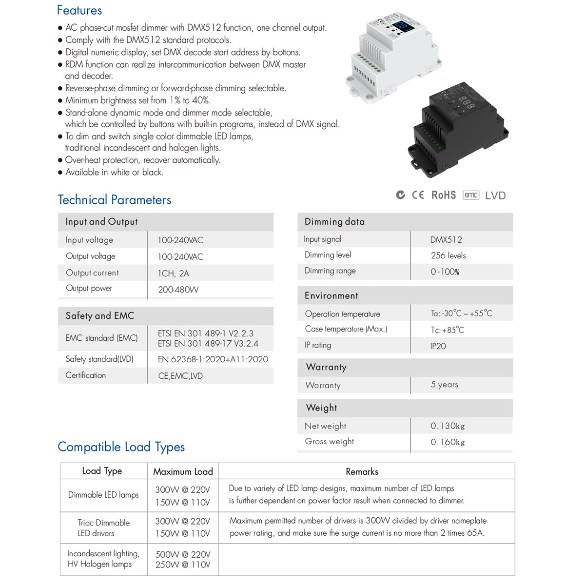 GLOBOSTAR® SKYDANCE-S1-D1 70672 AC Trailing Edge DMX Dimmer Ράγας με 1 x 2A 480W Κανάλι AC 220-240V 2A 480W Max IP20 - DMX512 & RDM - Μ11.5 x Π5 x Υ6.5cm - 5 Χρόνια Εγγύηση - ledmania.gr