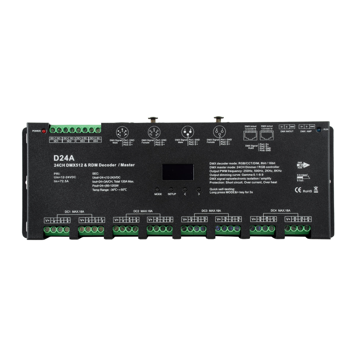 GloboStar® 70673 D24A SKYDANCE DC DMX & RDM Dimmer High Speed Controller / Decoder / Master 24 Καναλιών DC 12-24V 24 x 3A 72W - Max 72.5A 1740W - IP20 DMX512 Μ16.7 x Π5 x Υ2.4cm - 5 Years Warranty - ledmania.gr