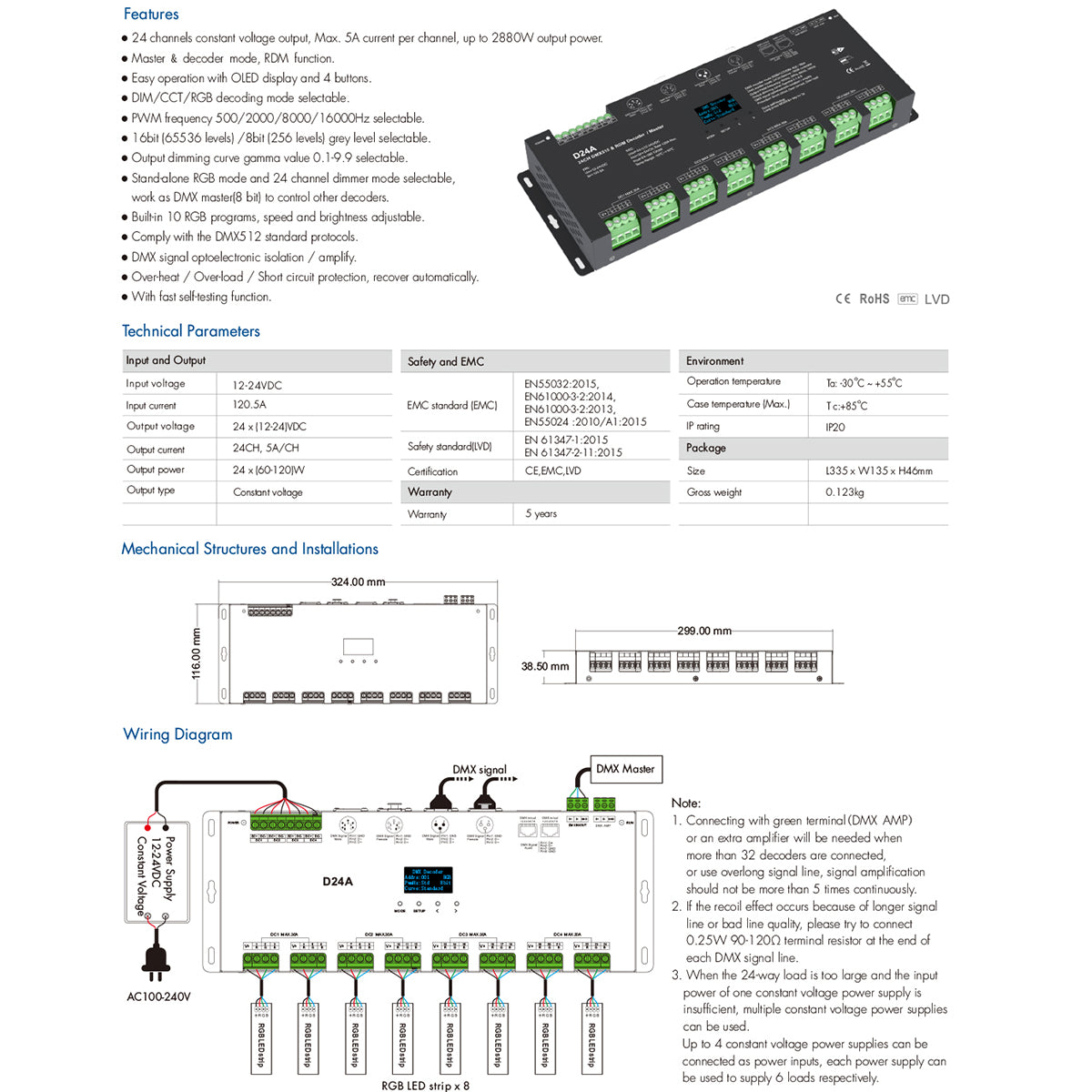 GloboStar® 70673 D24A SKYDANCE DC DMX & RDM Dimmer High Speed Controller / Decoder / Master 24 Καναλιών DC 12-24V 24 x 3A 72W - Max 72.5A 1740W - IP20 DMX512 Μ16.7 x Π5 x Υ2.4cm - 5 Years Warranty - ledmania.gr