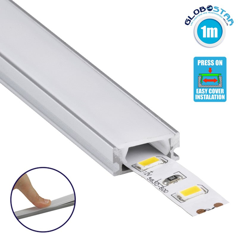 GloboStar® SURFACE-PROFILE 70805-1M Προφίλ Αλουμινίου - Βάση & Ψύκτρα Ταινίας LED με Λευκό Γαλακτερό Κάλυμμα - Επιφανειακή Χρήση - Πατητό Κάλυμμα - Ασημί - 1 Μέτρο - Μ100 x Π1.6 x Υ0.7cm - ledmania.gr