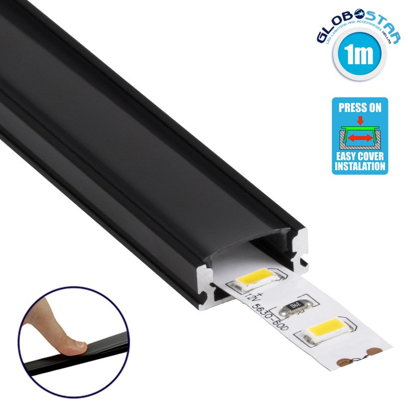 GloboStar® SURFACE-PROFILE 70806-1M Προφίλ Αλουμινίου - Βάση & Ψύκτρα Ταινίας LED με Μαύρο Φιμέ Κάλυμμα - Επιφανειακή Χρήση - Πατητό Κάλυμμα - Μαύρο - 1 Μέτρο - Μ100 x Π1.6 x Υ0.7cm