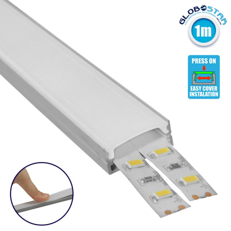 GloboStar® SURFACE-PROFILE 70809-1M Προφίλ Αλουμινίου - Βάση & Ψύκτρα Ταινίας LED με Λευκό Γαλακτερό Κάλυμμα - Επιφανειακή Χρήση - Πατητό Κάλυμμα - Ασημί - 1 Μέτρο - Μ100 x Π2.4 x Υ1.1cm - ledmania.gr