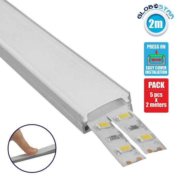 GloboStar® SURFACE-PROFILE 70809-2M Προφίλ Αλουμινίου - Βάση & Ψύκτρα Ταινίας LED με Λευκό Γαλακτερό Κάλυμμα - Επιφανειακή Χρήση - Πατητό Κάλυμμα - Ασημί - 2 Μέτρα - Πακέτο 5 Τεμαχίων - Μ200 x Π2.4 x Υ1.1cm - ledmania.gr