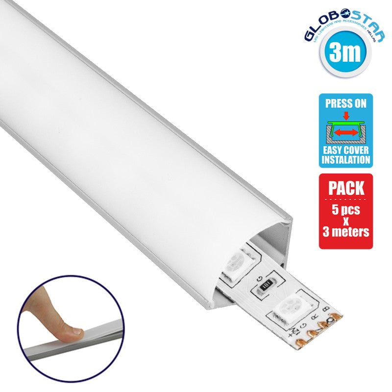 GloboStar® CORNER-PROFILE 70815-3M Προφίλ Αλουμινίου - Βάση & Ψύκτρα Ταινίας LED με Λευκό Γαλακτερό Κάλυμμα - Επιφανειακή Γωνιακή Χρήση - Πατητό Κάλυμμα - Ασημί - 3 Μέτρα - Πακέτο 5 Τεμαχίων - Μ300 x Π1.6 x Υ1.6cm