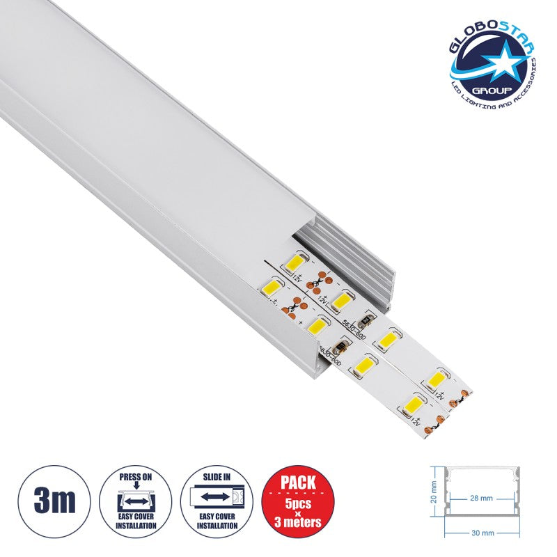 GloboStar® SURFACE-PROFILE 70824-3M Προφίλ Αλουμινίου - Βάση & Ψύκτρα Ταινίας LED με Λευκό Γαλακτερό Κάλυμμα - Επιφανειακή Χρήση - Πατητό Κάλυμμα - Ασημί - 3 Μέτρα - Πακέτο 5 Τεμαχίων - Μ300 x Π3 x Υ2cm - ledmania.gr