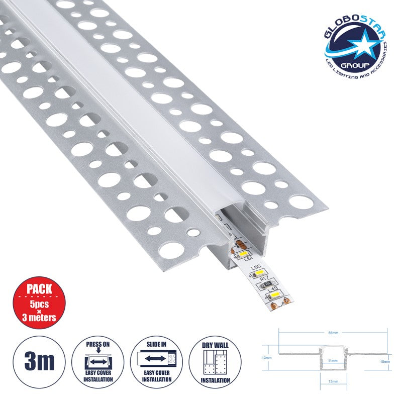 GloboStar® PLASTERBOARD-PROFILE 70838-3M Προφίλ Αλουμινίου - Βάση & Ψύκτρα Ταινίας LED με Λευκό Γαλακτερό Κάλυμμα - Χωνευτή Χρήση σε Γυψοσανίδα - Trimless - Πατητό Κάλυμμα - Ασημί - 3 Μέτρα - Πακέτο 5 Τεμαχίων - Μ300 x Π5.6 x Υ1.5cm