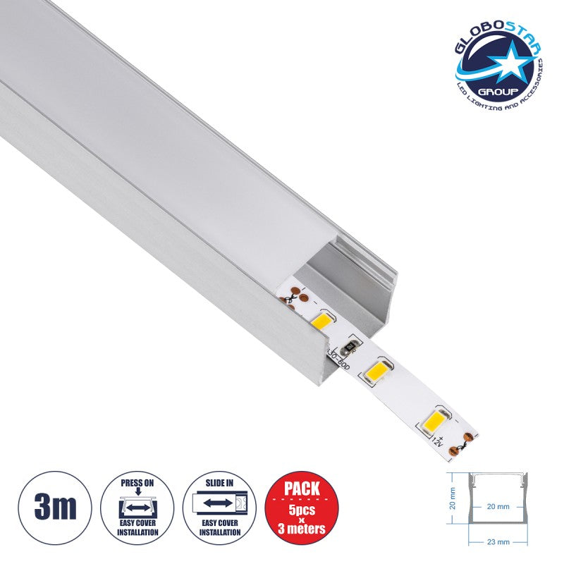 GloboStar® SURFACE-PROFILE 70867-3M Προφίλ Αλουμινίου - Βάση & Ψύκτρα Ταινίας LED με Λευκό Γαλακτερό Κάλυμμα - Επιφανειακή Χρήση - Πατητό Κάλυμμα - Ασημί - 3 Μέτρα - Πακέτο 5 Τεμαχίων - Μ300 x Π2.3 x Υ2cm