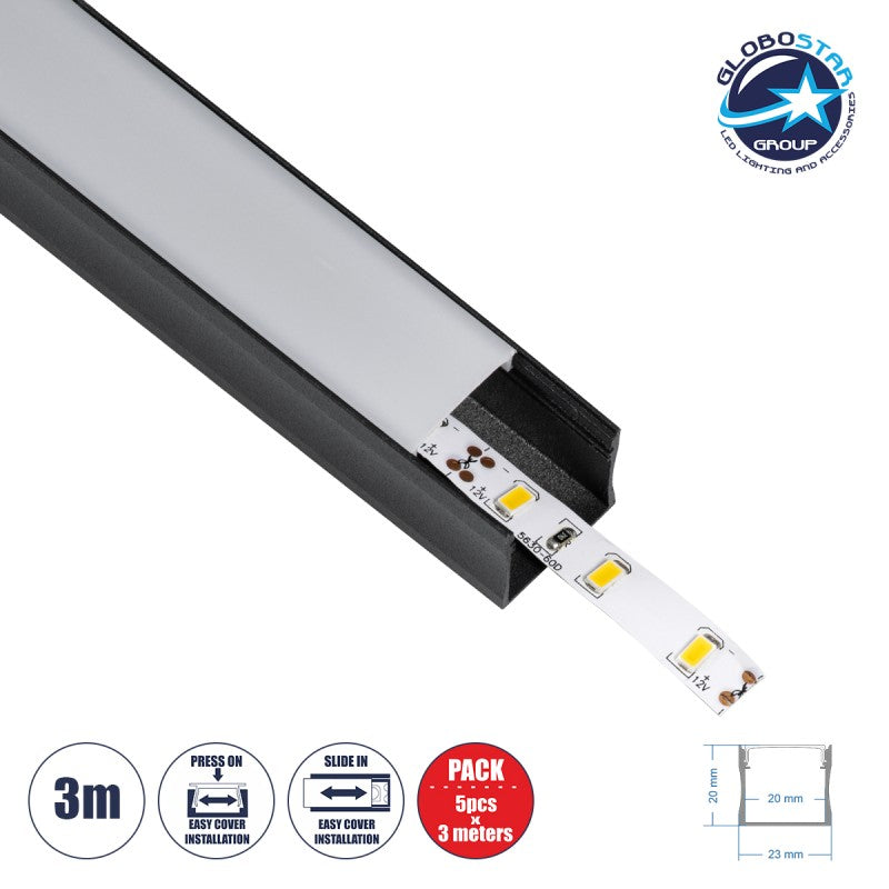 GloboStar® SURFACE-PROFILE 70869-3M Προφίλ Αλουμινίου - Βάση & Ψύκτρα Ταινίας LED με Λευκό Γαλακτερό Κάλυμμα - Επιφανειακή Χρήση - Πατητό Κάλυμμα - Μαύρο - 3 Μέτρα - Πακέτο 5 Τεμαχίων - Μ300 x Π2.3 x Υ2cm