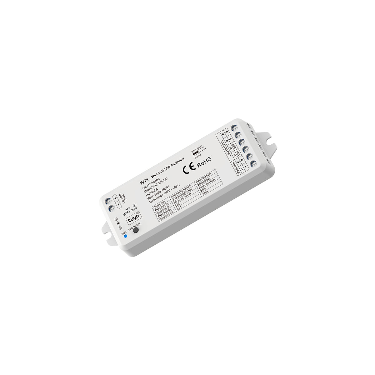 GloboStar® 71468 WT1 SKYDANCE DC WiFi & RF 2.4Ghz Dimmer High Speed Controller 2 Καναλιών DC 12-36V 2 x 5A 180W - Max 10A 180W - IP20 Μ11.5 x Π3.5 x Υ2cm - 5 Years Warranty