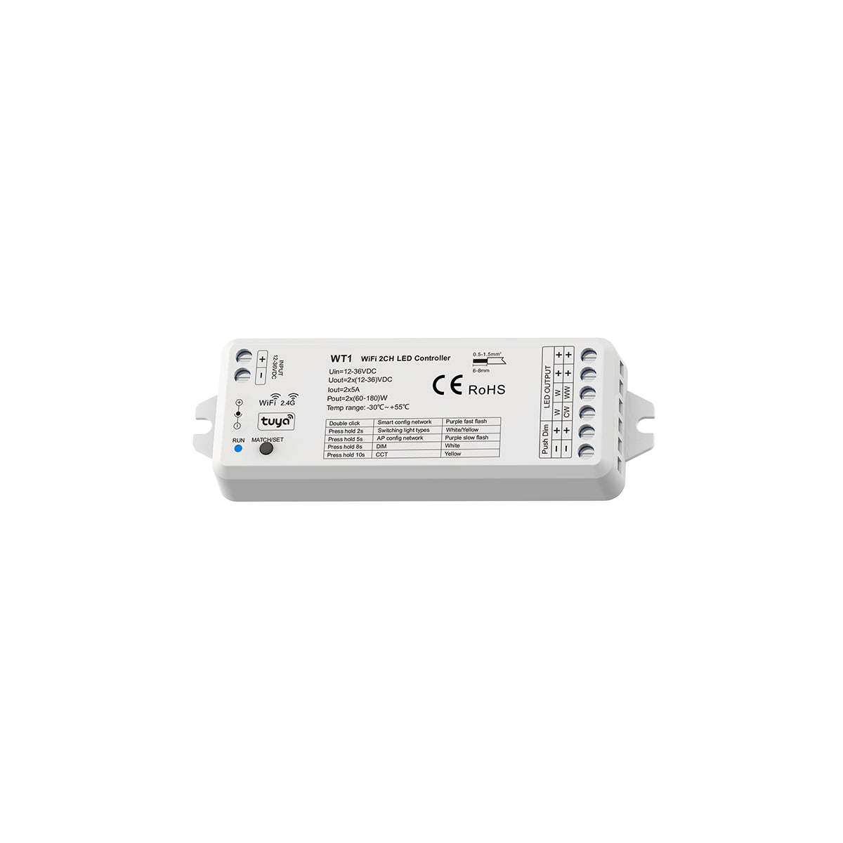 GloboStar® 71468 WT1 SKYDANCE DC WiFi & RF 2.4Ghz Dimmer High Speed Controller 2 Καναλιών DC 12-36V 2 x 5A 180W - Max 10A 180W - IP20 Μ11.5 x Π3.5 x Υ2cm - 5 Years Warranty