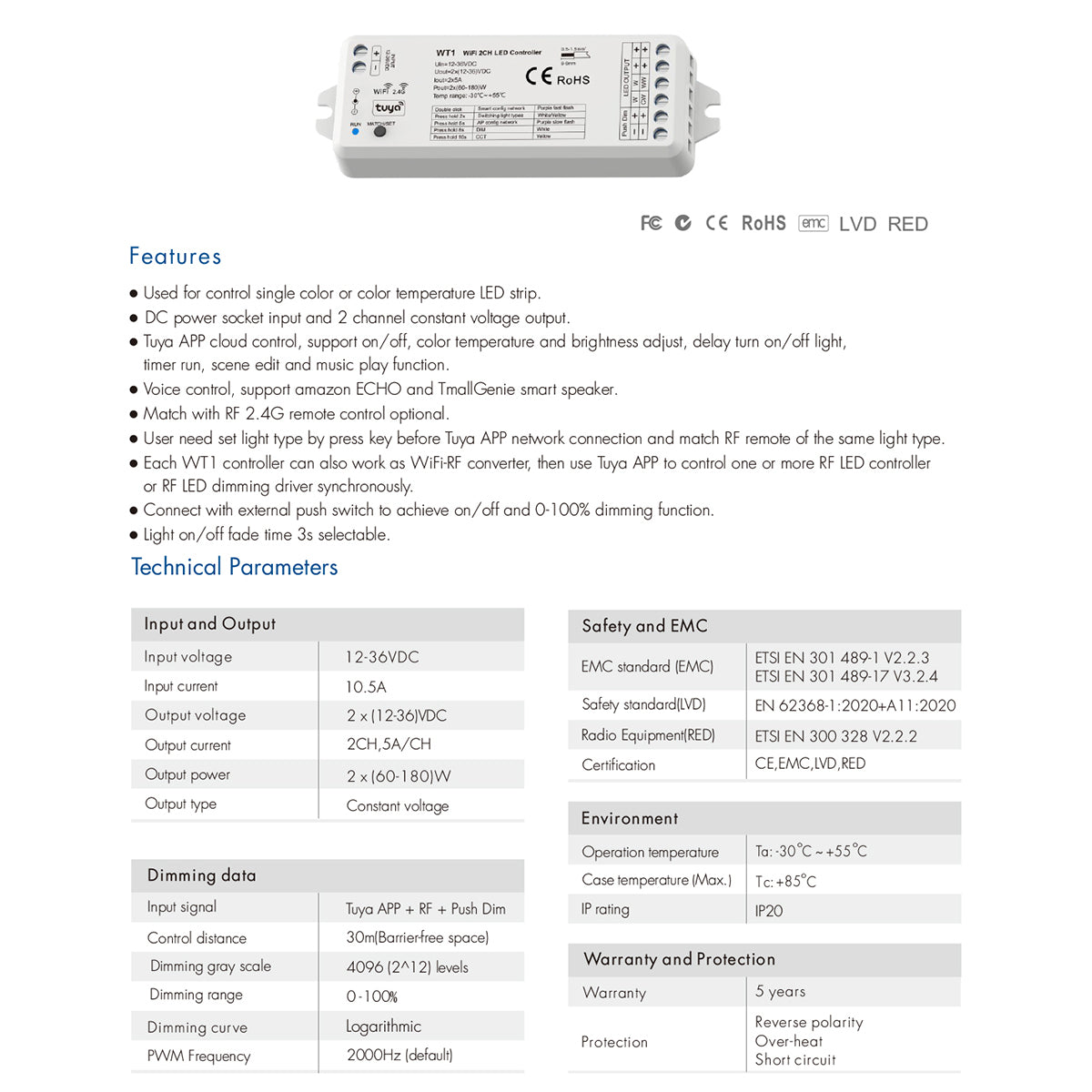 GloboStar® 71468 WT1 SKYDANCE DC WiFi & RF 2.4Ghz Dimmer High Speed Controller 2 Καναλιών DC 12-36V 2 x 5A 180W - Max 10A 180W - IP20 Μ11.5 x Π3.5 x Υ2cm - 5 Years Warranty