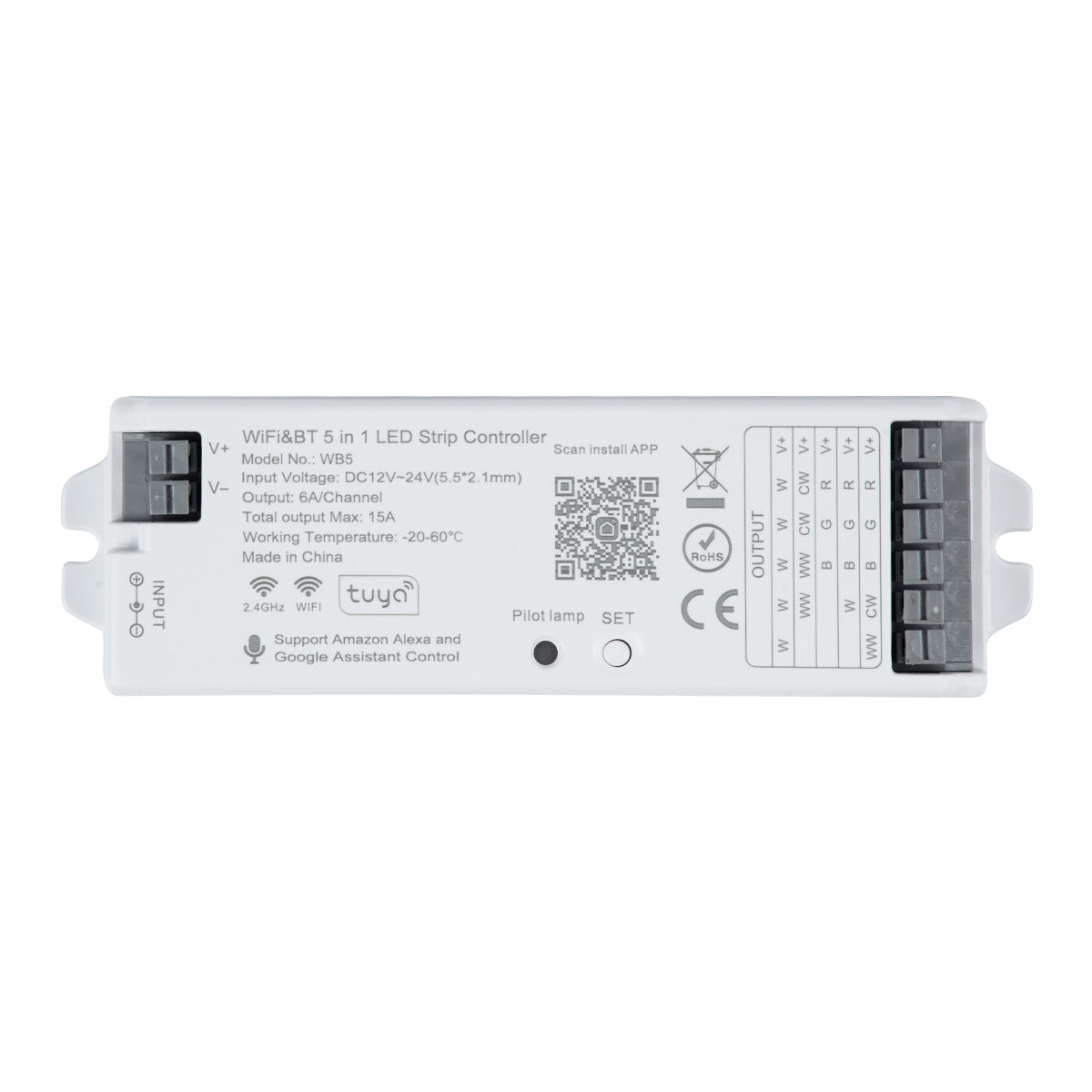 GLOBOSTAR® TUYA-WB5 73008 DC WiFi & Bluetooth Master Dimmer / Controller Υψηλής Ταχύτητας με 5 x 6A 72W Κανάλια DC 12-24V 15A 360W Max IP20 - WiFi & Bluetooth - Μ12.2 x Π3.8 x Υ2.2cm - 5 Χρόνια Εγγύηση - ledmania.gr
