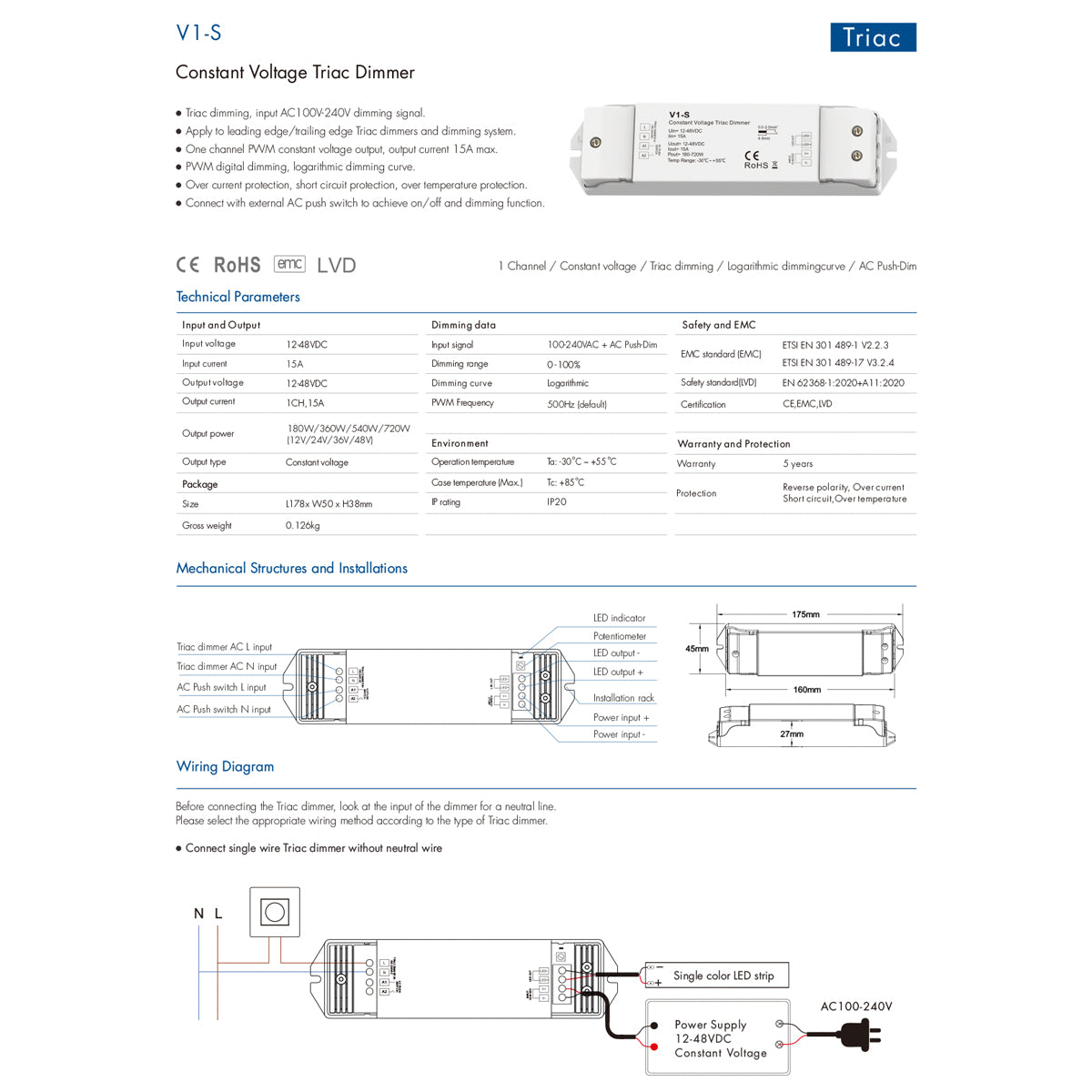 GloboStar® 73127 V1-S SKYDANCE AC Triac Dimmer Push Dimming 1 Κανάλι DC 12-48V 1 x 15A 720W - Max 15A 720W - IP20  Μ17.5 x Π4.5 x Υ2.5cm - 5 Χρόνια Εγγύηση