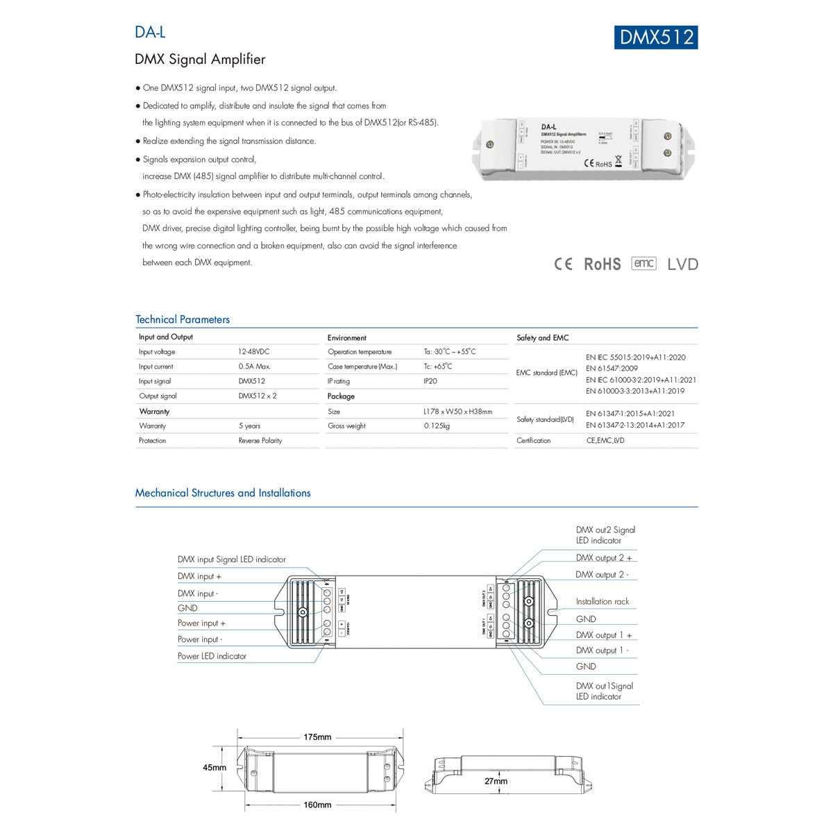 GloboStar® 73138 DA-L SKYDANCE DC DMX512 Signal Amplifier 2 Καναλιών DC 12-48V - IP20  Μ17.5 x Π4.5 x Υ2.5cm - 5 Χρόνια Εγγύηση