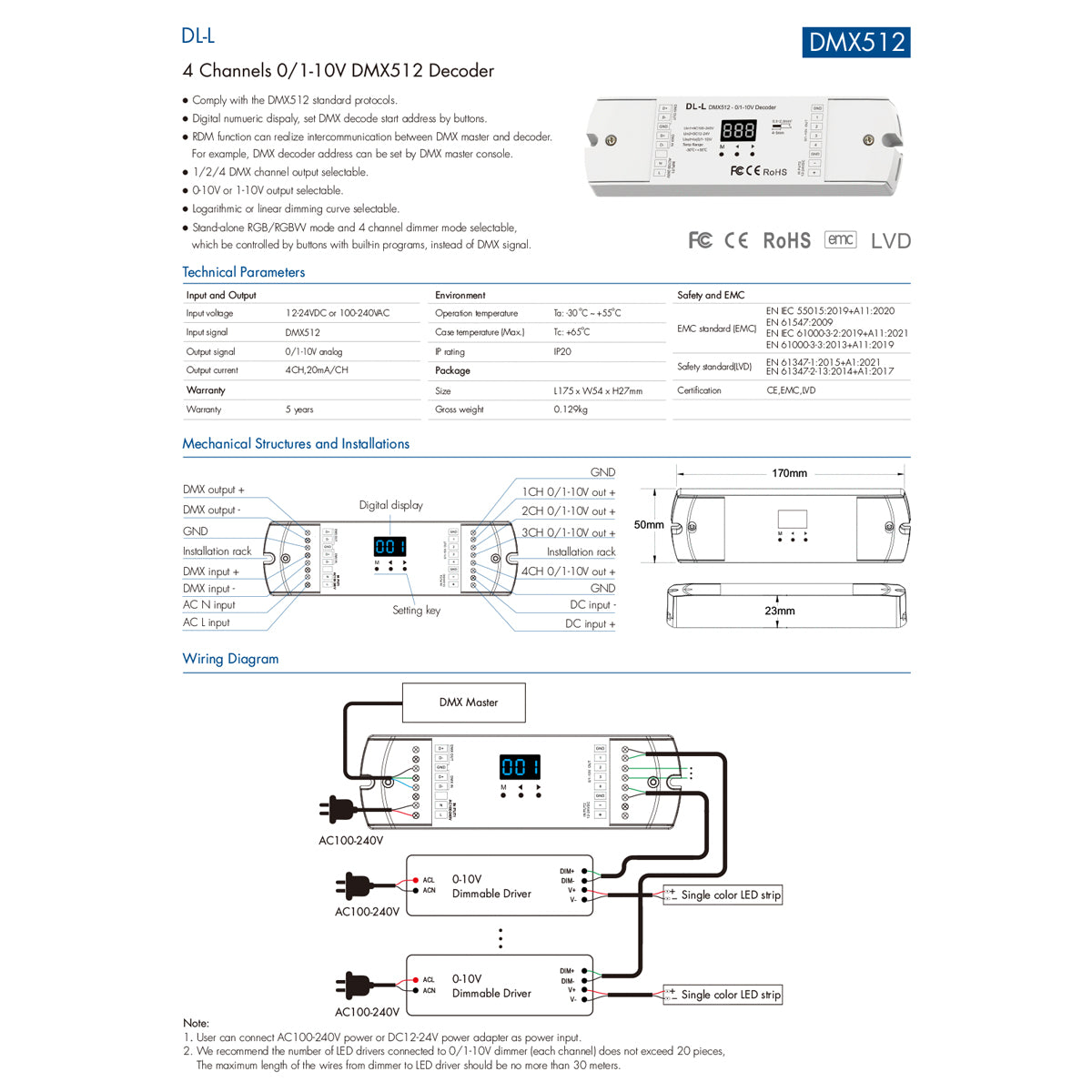GloboStar® 73140 DL-L SKYDANCE AC DMX512 to 0/1-10V Converter / Decoder 4 Καναλιών - 2 Inputs DC 12-24V ή AC 100-240V - IP20  Μ17 x Π5 x Υ2.5cm - 5 Χρόνια Εγγύηση - ledmania.gr
