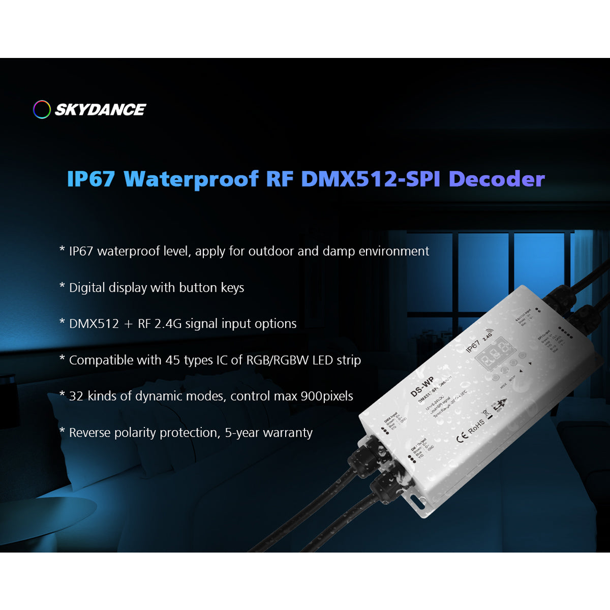 GloboStar® 73143 DS-WP SKYDANCE DC RF 2.4Ghz DMX512 to SPI Decoder DC 5-24V - Αδιάβροχο IP65 Μ17 x Π8 x Υ4cm - 5 Χρόνια Εγγύηση - ledmania.gr