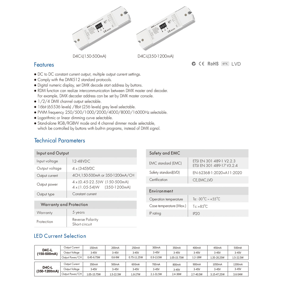 GloboStar® 73145 D4C-L SKYDANCE DC DMX512 Constant Current & RDM Decoder 4 Καναλιών DC 12-48V 4 x 0.5A 22.5W - Max 2A 90W - IP20  Μ17 x Π5 x Υ2.5cm - 5 Χρόνια Εγγύηση