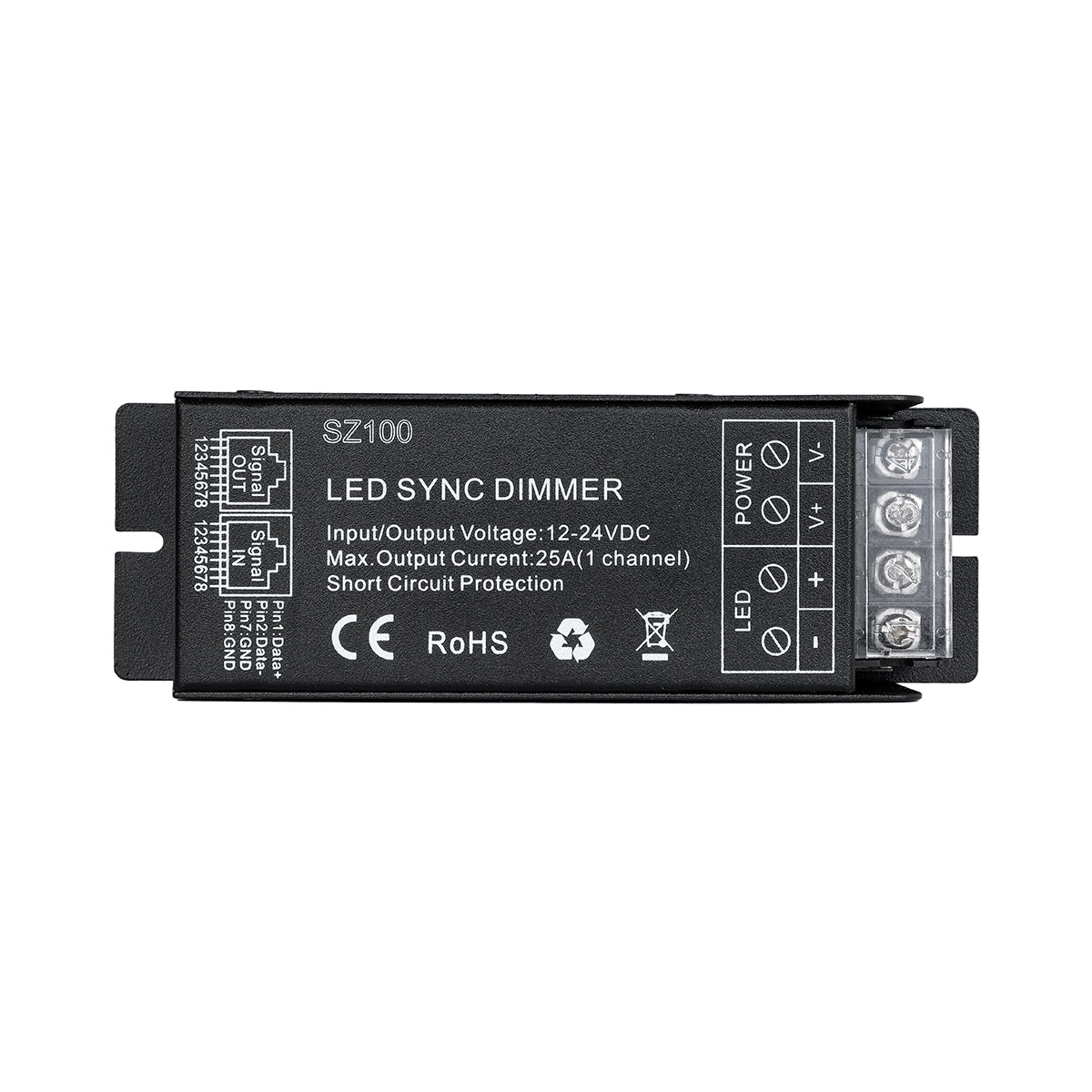 GloboStar® 73311 DC RF 2.4Ghz Controller & Dimmer 1 Κανάλι DC 12-24V 25A MAX 600W IP 20 Μ12.7 x Π4 x Υ3.2cm με Χειριστήριο RF 2.4Ghz SYNC