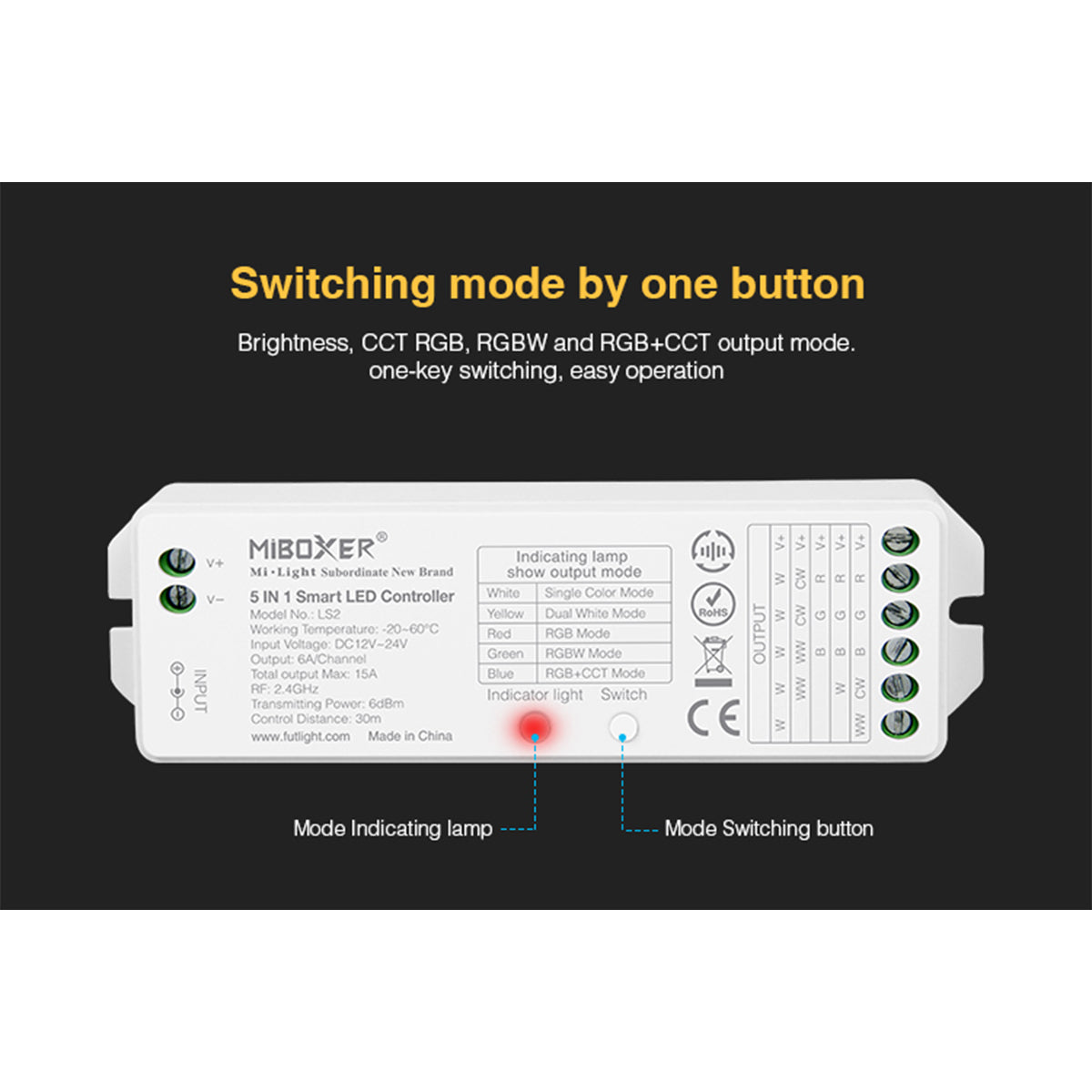 GloboStar® 73422 LS2 Mi-BOXER DC RF 2.4Ghz 5 in 1 Dimmer High Speed Controller / Dimmer 5 Καναλιών DC 12-24V 5 x 3A 72W - Max 15A 360W - IP20 RGBW+WW Μ13 x Π5 x Υ2.5cm - 5 Years Warranty