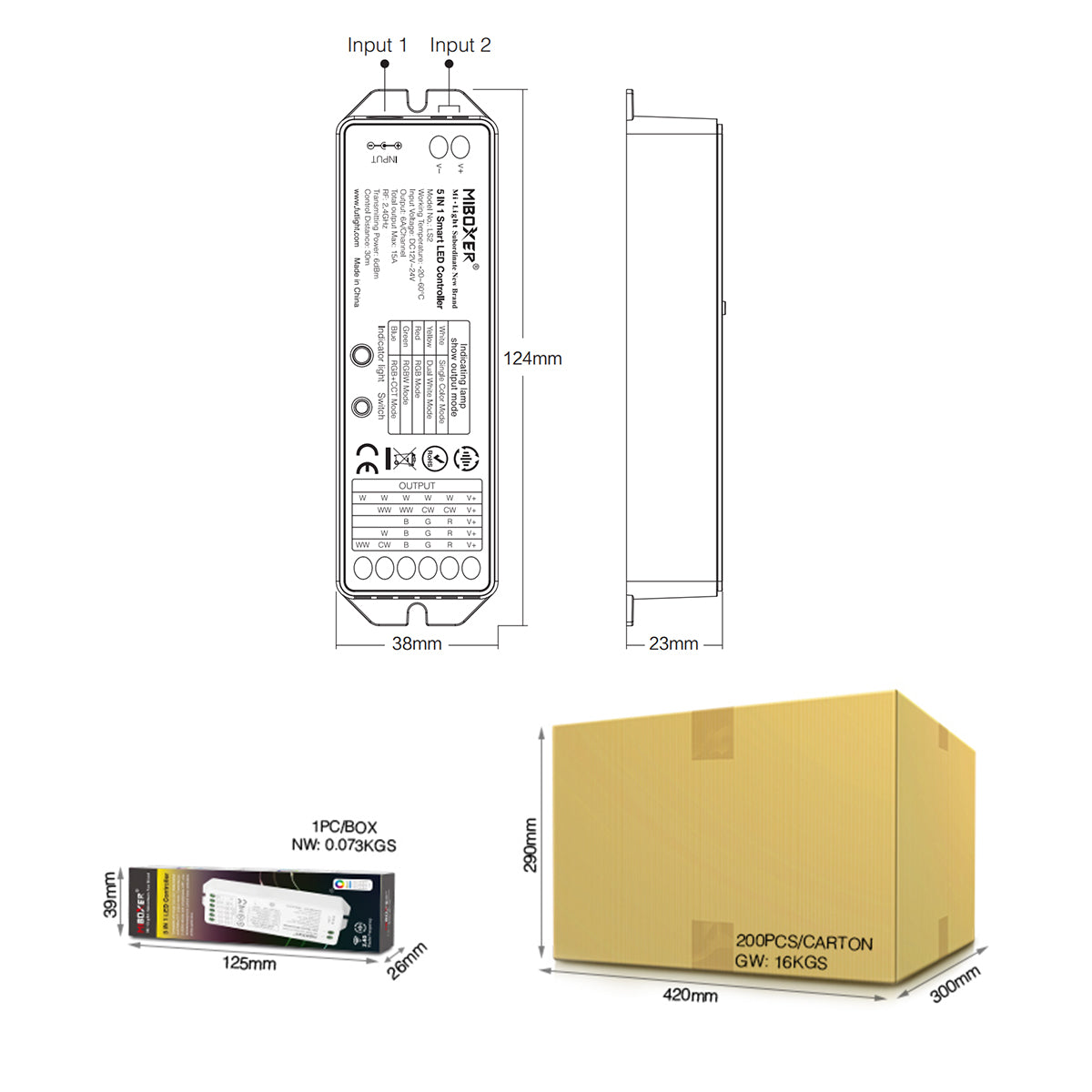 GloboStar® 73422 LS2 Mi-BOXER DC RF 2.4Ghz 5 in 1 Dimmer High Speed Controller / Dimmer 5 Καναλιών DC 12-24V 5 x 3A 72W - Max 15A 360W - IP20 RGBW+WW Μ13 x Π5 x Υ2.5cm - 5 Years Warranty