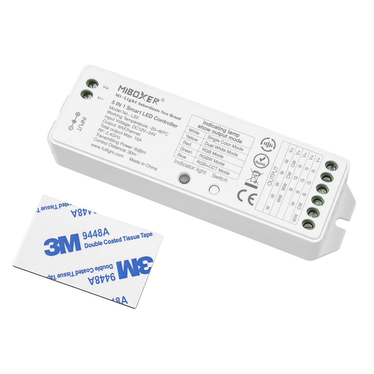 GloboStar® 73422 LS2 Mi-BOXER DC RF 2.4Ghz 5 in 1 Dimmer High Speed Controller / Dimmer 5 Καναλιών DC 12-24V 5 x 3A 72W - Max 15A 360W - IP20 RGBW+WW Μ13 x Π5 x Υ2.5cm - 5 Years Warranty