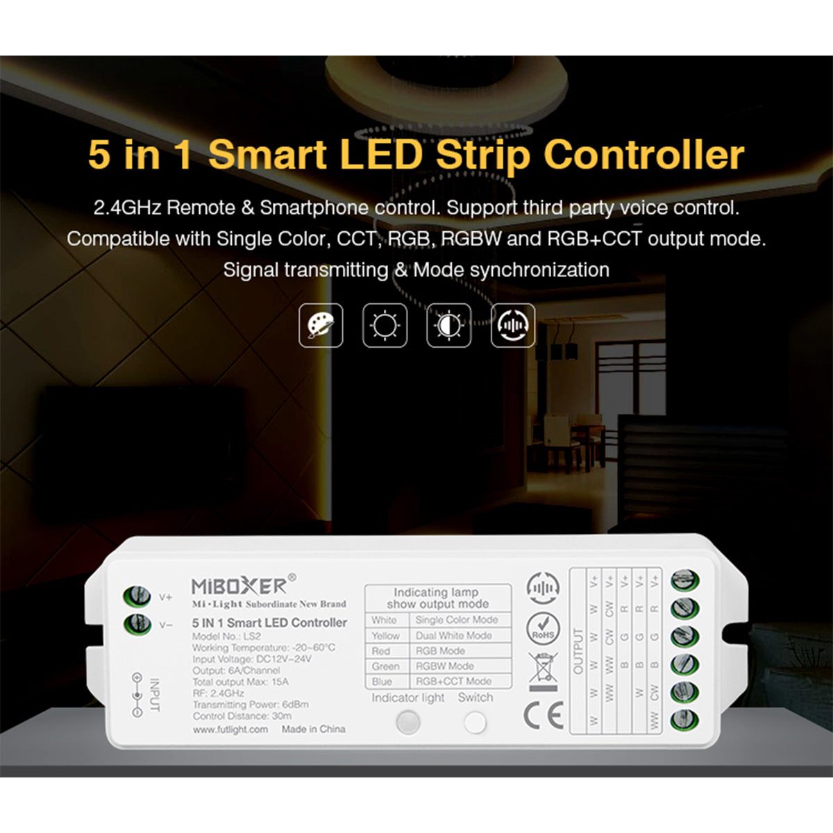 GloboStar® 73422 LS2 Mi-BOXER DC RF 2.4Ghz 5 in 1 Dimmer High Speed Controller / Dimmer 5 Καναλιών DC 12-24V 5 x 3A 72W - Max 15A 360W - IP20 RGBW+WW Μ13 x Π5 x Υ2.5cm - 5 Years Warranty