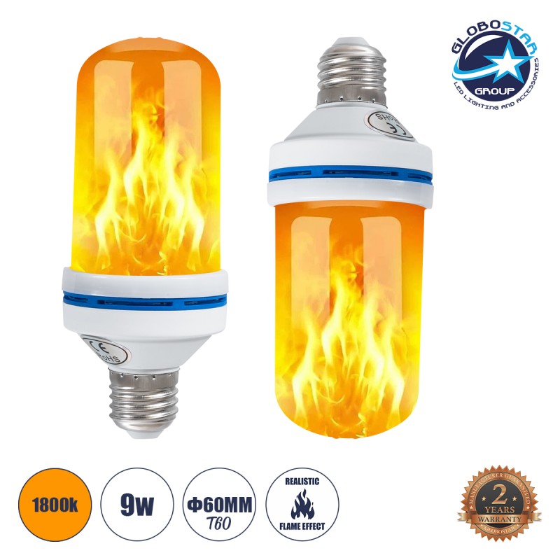 GLOBOSTAR® TUBATO 76075 Λάμπα E27 LED 9W 350lm 260° AC 220-240V IP20 Πορτοκαλί 1800K με Εφέ Φλόγας & Αναστροφή - Λευκό Γαλακτερό - Μ6 x Π6 x Υ15cm - 2 Χρόνια Εγγύηση