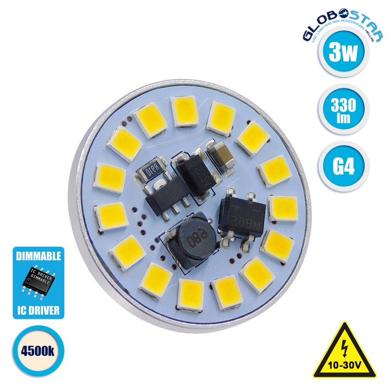 GloboStar® 76108 Λάμπα G4 LED SMD 2835 3W 330lm 120° DC 12-24V Back Pin Φυσικό Λευκό 4500K Dimmable