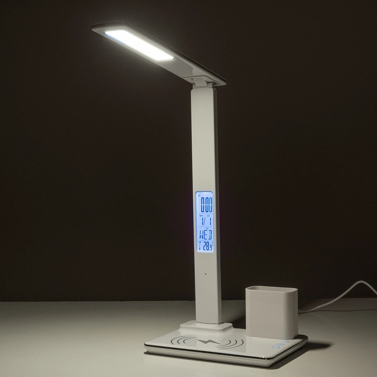 GLOBOSTAR® ZENTIME 76554 Μοντέρνο Επιτραπέζιο Φωτιστικό Γραφείου με Ασύρματη Φόρτιση 15W 3A & Ψηφιακό Ρολόι LED 3.5W 350lm 120° DC 5V με USB-C IP20 Ρυθμιζόμενο Λευκό CCT με Αφή 2700K/4500K/6000K Dimmable - Sanan SMD Chip - Μαύρο - Μ19.5 x Π25 x Υ50cm -... - ledmania.gr
