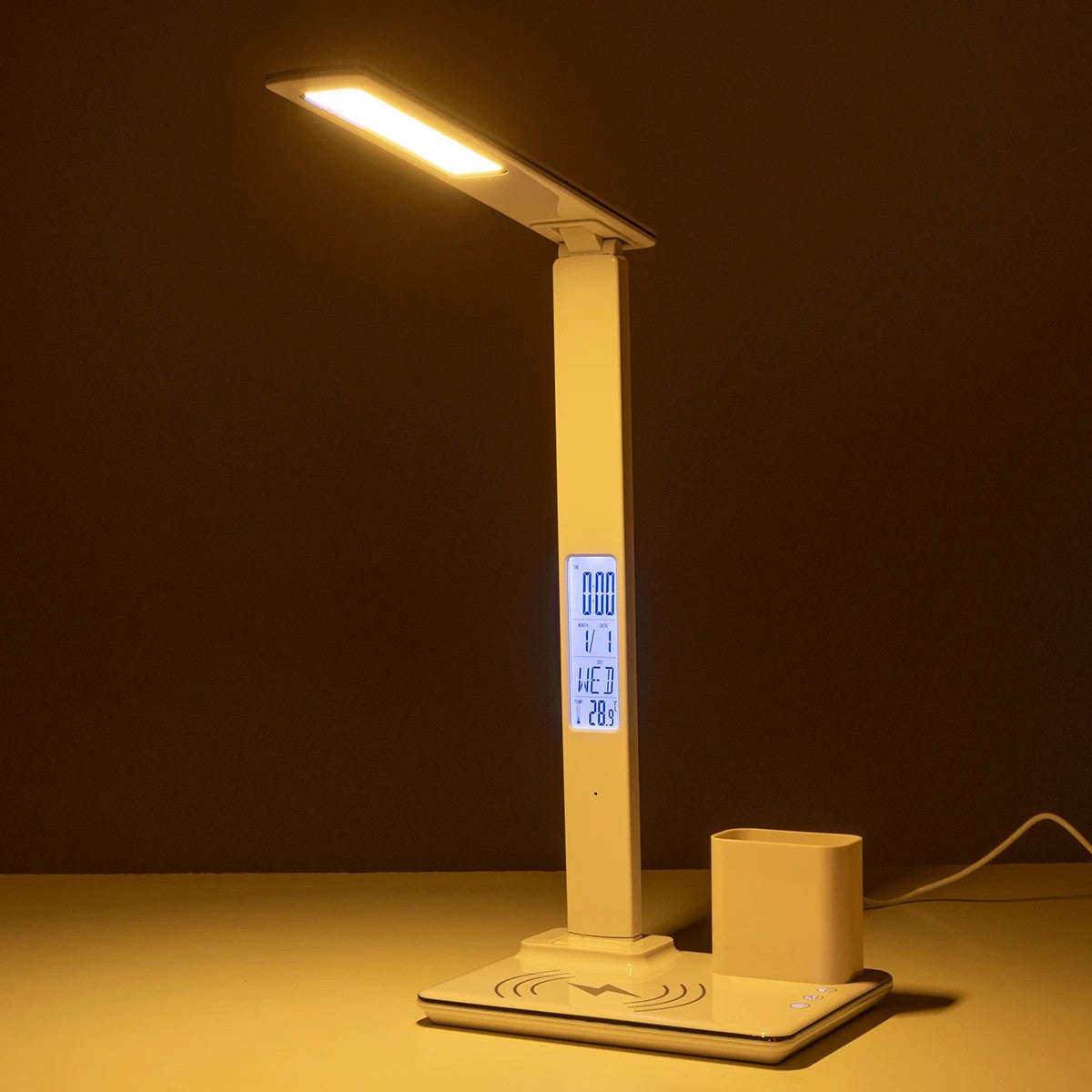 GLOBOSTAR® ZENTIME 76554 Μοντέρνο Επιτραπέζιο Φωτιστικό Γραφείου με Ασύρματη Φόρτιση 15W 3A & Ψηφιακό Ρολόι LED 3.5W 350lm 120° DC 5V με USB-C IP20 Ρυθμιζόμενο Λευκό CCT με Αφή 2700K/4500K/6000K Dimmable - Sanan SMD Chip - Μαύρο - Μ19.5 x Π25 x Υ50cm -... - ledmania.gr