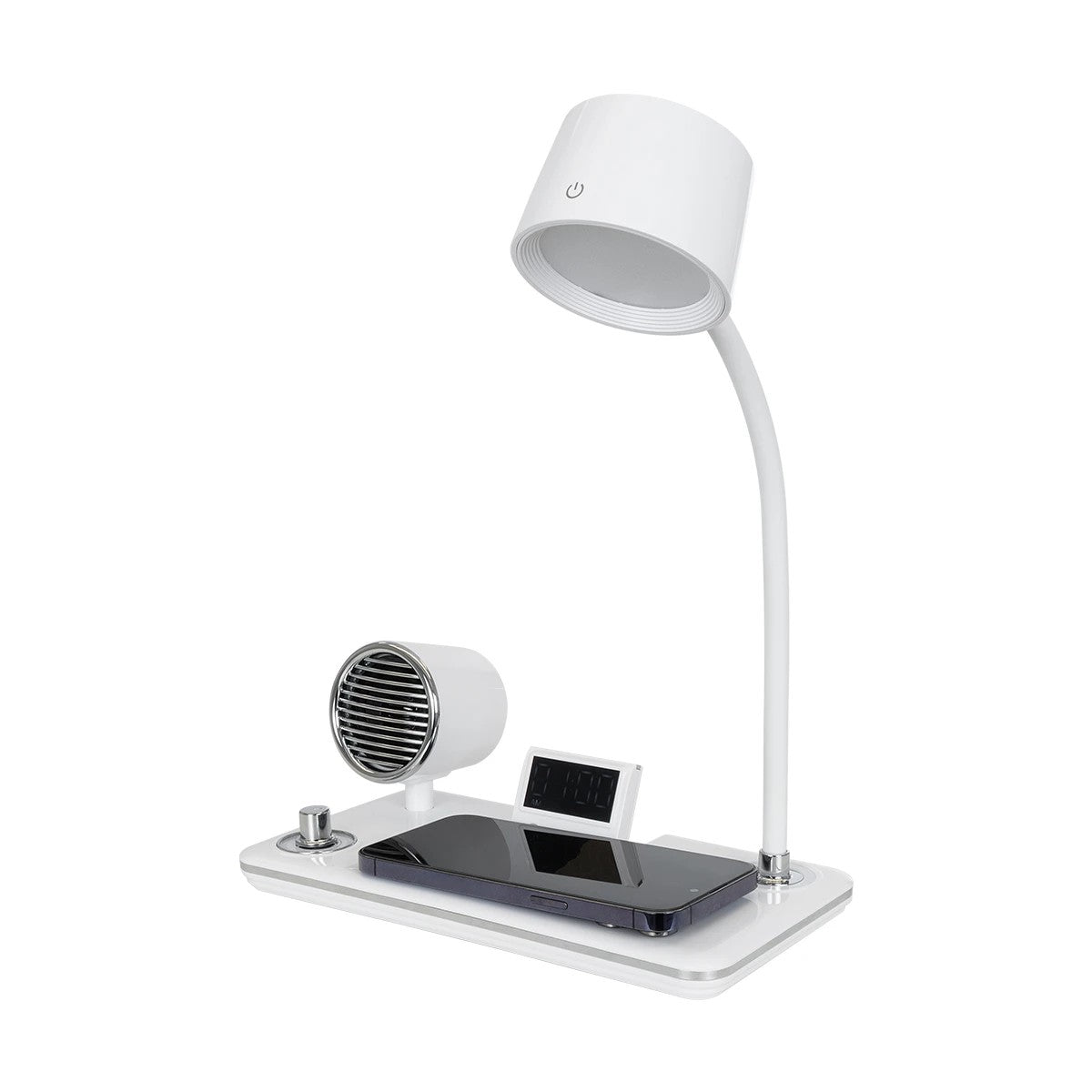 GLOBOSTAR® OLDY 76557 Μοντέρνο Επιτραπέζιο Φωτιστικό Γραφείου με Ασύρματη Φόρτιση 15W 3A, 5W Bluetooth Ηχείο & Ψηφιακό Ρολόι LED 3W 300lm 120° DC 5V με USB-C IP20 Ρυθμιζόμενο Λευκό CCT με Αφή 2700K/4500K/6000K Dimmable - Sanan SMD Chip - Λευκό - Μ13 x ... - ledmania.gr