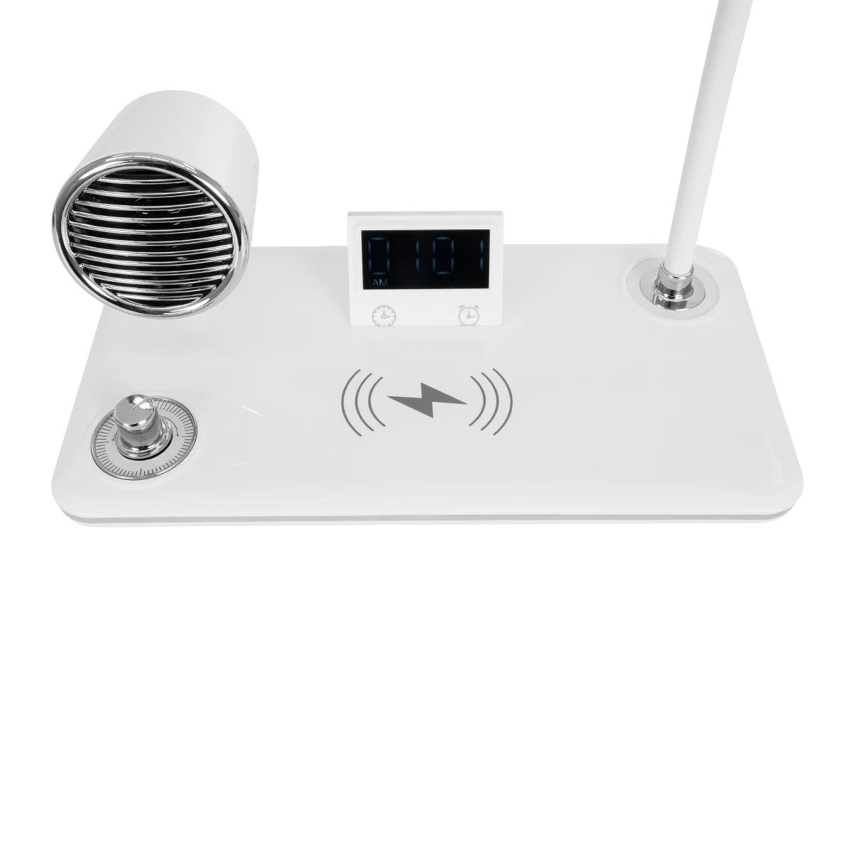 GLOBOSTAR® OLDY 76557 Μοντέρνο Επιτραπέζιο Φωτιστικό Γραφείου με Ασύρματη Φόρτιση 15W 3A, 5W Bluetooth Ηχείο & Ψηφιακό Ρολόι LED 3W 300lm 120° DC 5V με USB-C IP20 Ρυθμιζόμενο Λευκό CCT με Αφή 2700K/4500K/6000K Dimmable - Sanan SMD Chip - Λευκό - Μ13 x ... - ledmania.gr