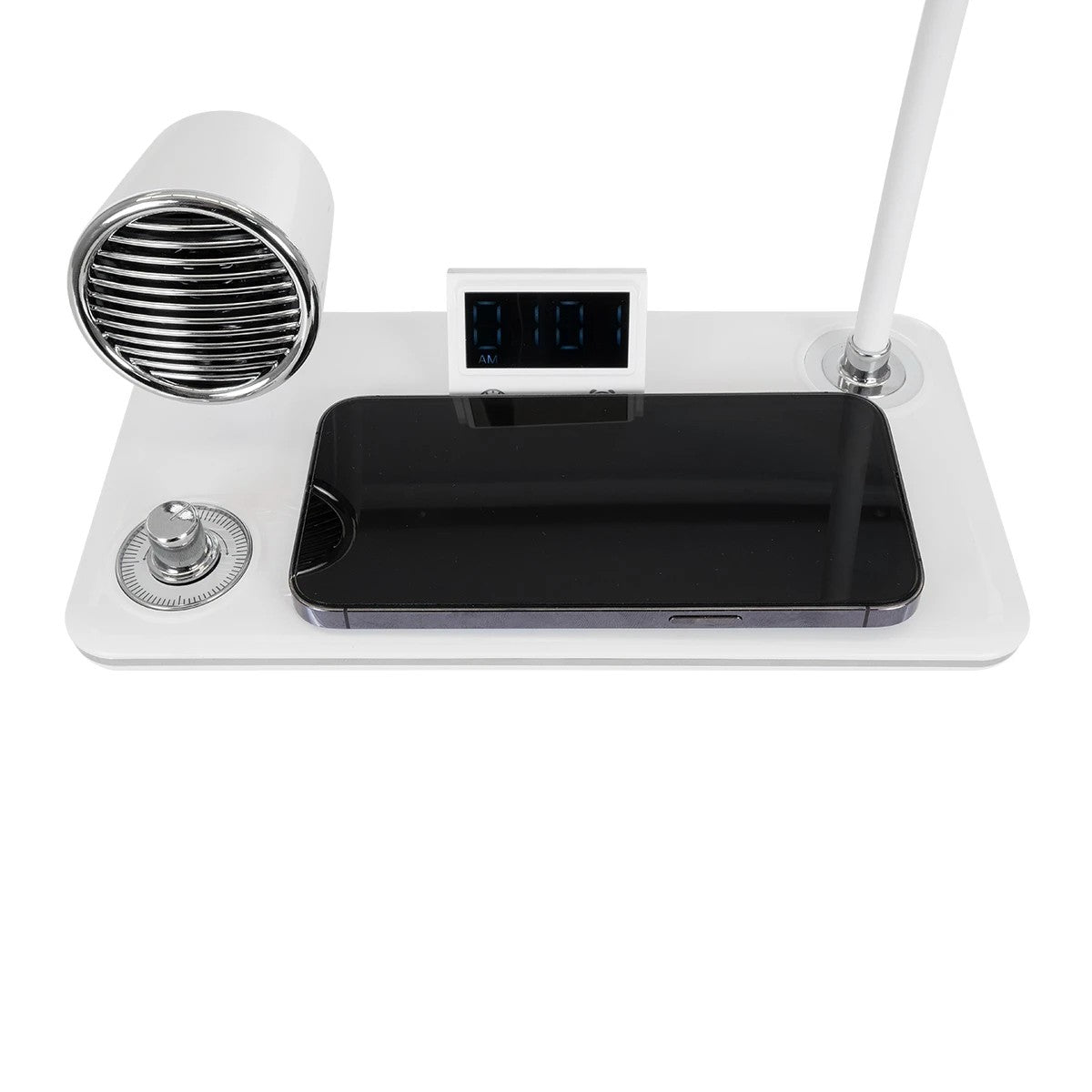 GLOBOSTAR® OLDY 76557 Μοντέρνο Επιτραπέζιο Φωτιστικό Γραφείου με Ασύρματη Φόρτιση 15W 3A, 5W Bluetooth Ηχείο & Ψηφιακό Ρολόι LED 3W 300lm 120° DC 5V με USB-C IP20 Ρυθμιζόμενο Λευκό CCT με Αφή 2700K/4500K/6000K Dimmable - Sanan SMD Chip - Λευκό - Μ13 x ... - ledmania.gr