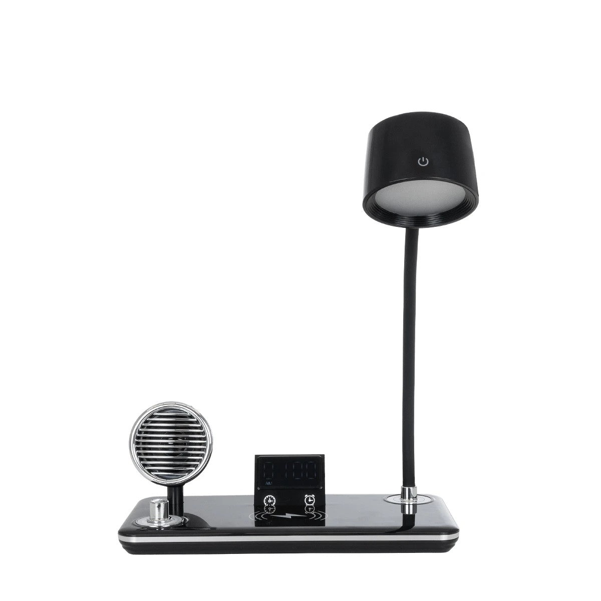 GLOBOSTAR® OLDY 76563 Μοντέρνο Επιτραπέζιο Φωτιστικό Γραφείου με Ασύρματη Φόρτιση 15W 3A, 5W Bluetooth Ηχείο & Ψηφιακό Ρολόι LED 3W 300lm 120° DC 5V με USB-C IP20 Ρυθμιζόμενο Λευκό CCT με Αφή 2700K/4500K/6000K Dimmable - Sanan SMD Chip - Μαύρο - Μ13 x ... - ledmania.gr