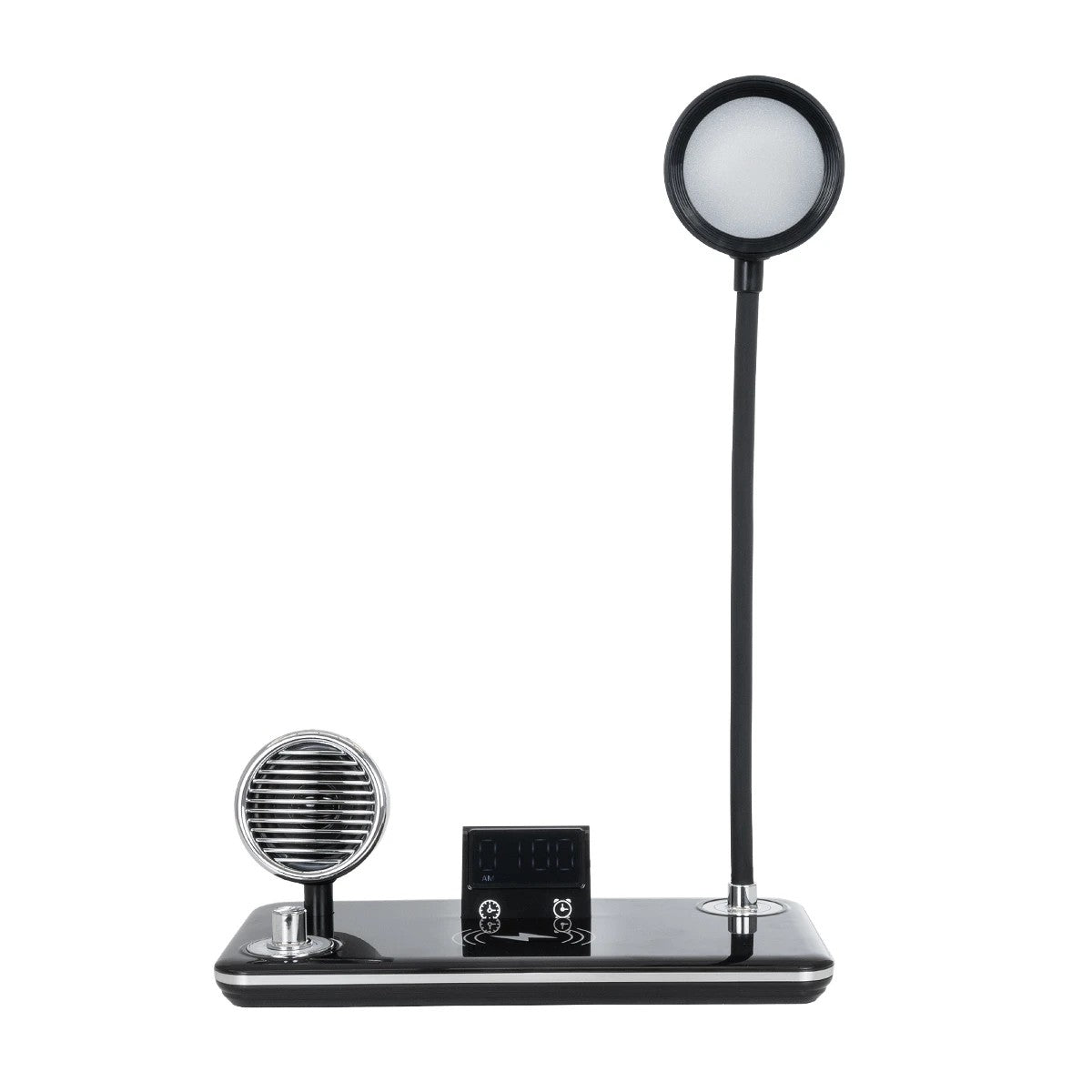 GLOBOSTAR® OLDY 76563 Μοντέρνο Επιτραπέζιο Φωτιστικό Γραφείου με Ασύρματη Φόρτιση 15W 3A, 5W Bluetooth Ηχείο & Ψηφιακό Ρολόι LED 3W 300lm 120° DC 5V με USB-C IP20 Ρυθμιζόμενο Λευκό CCT με Αφή 2700K/4500K/6000K Dimmable - Sanan SMD Chip - Μαύρο - Μ13 x ... - ledmania.gr