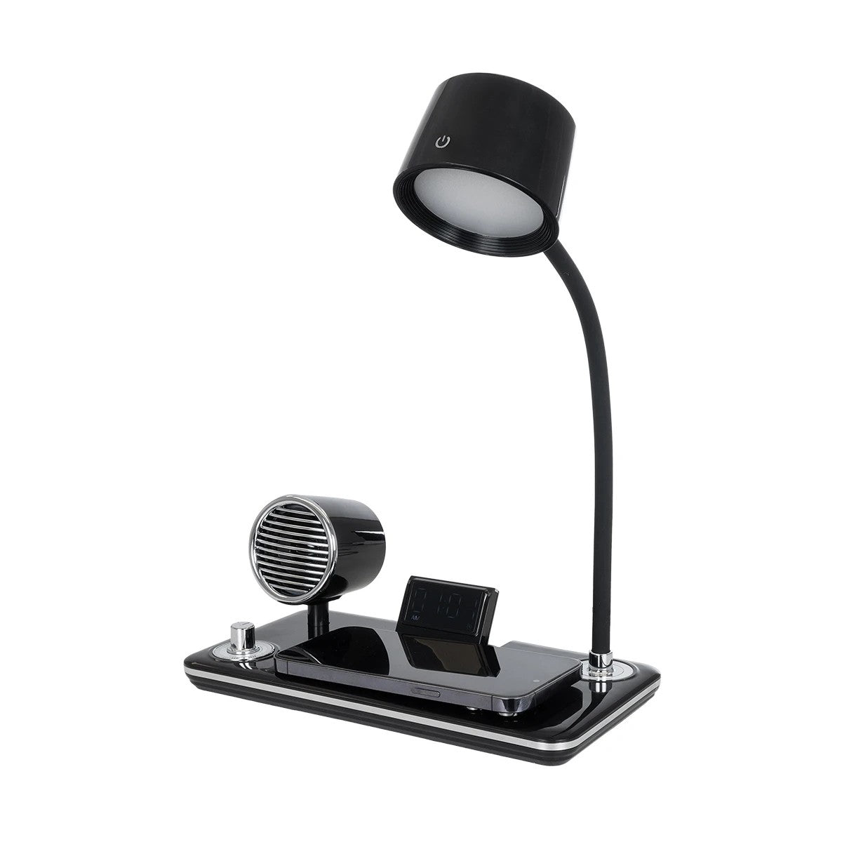 GLOBOSTAR® OLDY 76563 Μοντέρνο Επιτραπέζιο Φωτιστικό Γραφείου με Ασύρματη Φόρτιση 15W 3A, 5W Bluetooth Ηχείο & Ψηφιακό Ρολόι LED 3W 300lm 120° DC 5V με USB-C IP20 Ρυθμιζόμενο Λευκό CCT με Αφή 2700K/4500K/6000K Dimmable - Sanan SMD Chip - Μαύρο - Μ13 x ... - ledmania.gr