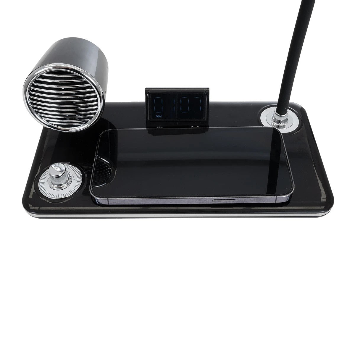 GLOBOSTAR® OLDY 76563 Μοντέρνο Επιτραπέζιο Φωτιστικό Γραφείου με Ασύρματη Φόρτιση 15W 3A, 5W Bluetooth Ηχείο & Ψηφιακό Ρολόι LED 3W 300lm 120° DC 5V με USB-C IP20 Ρυθμιζόμενο Λευκό CCT με Αφή 2700K/4500K/6000K Dimmable - Sanan SMD Chip - Μαύρο - Μ13 x ... - ledmania.gr
