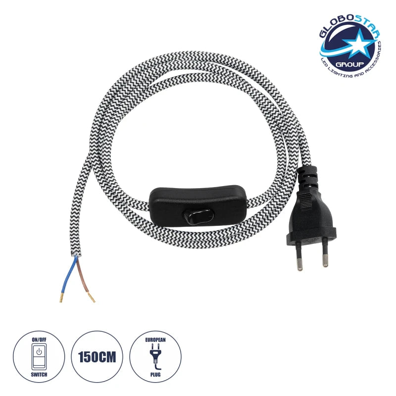 GLOBOSTAR® WHIP 77670 Μοντέρνο DIY Φωτιστικό με Υφασμάτινο Καλώδιο, με Διακόπτη On/Off AC 220-240V IP20 - Ασημί & Μαύρο - Μ140 x Π2.7 x Υ1.9cm - ledmania.gr