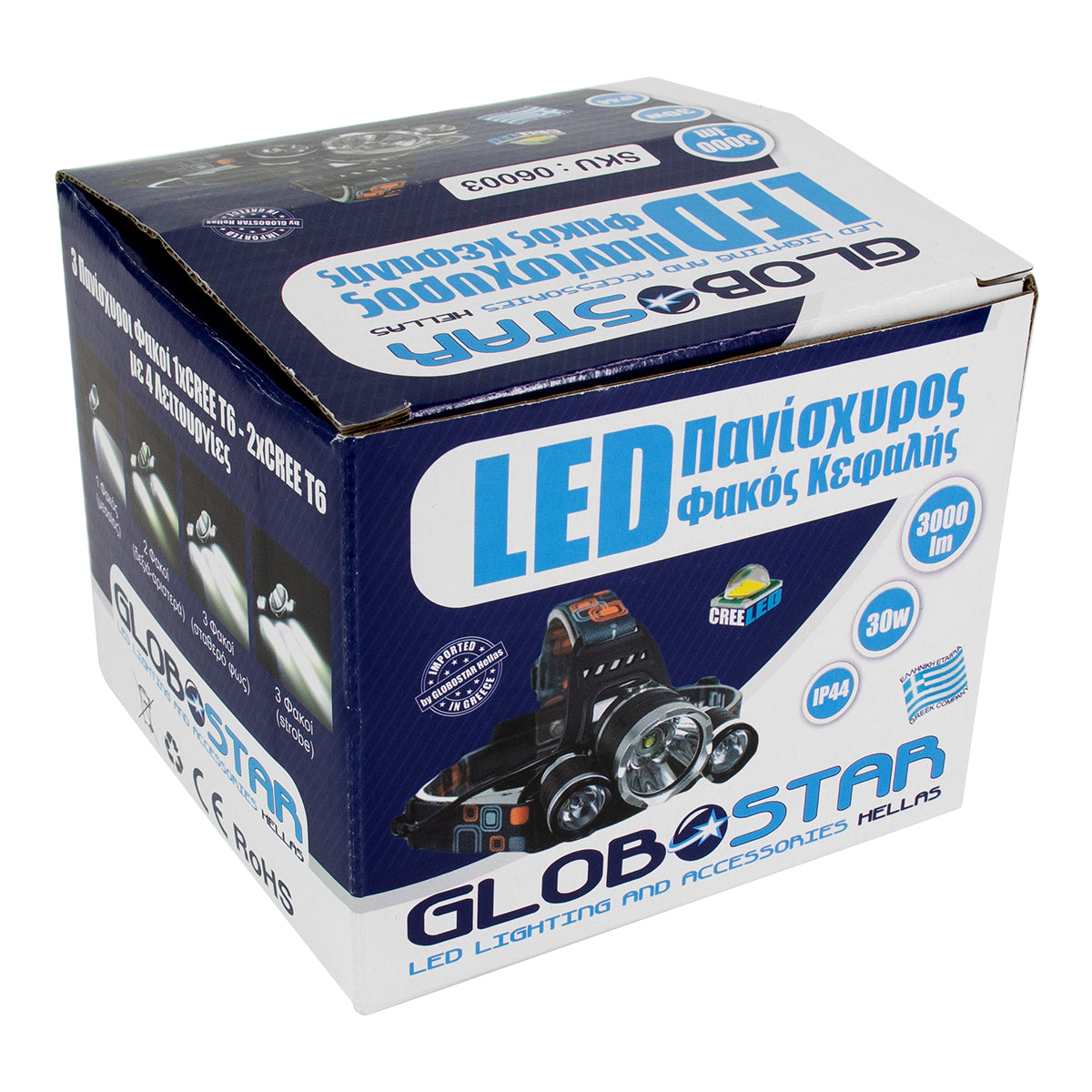 GloboStar® 79057 Φακός Κεφαλής Επαναφορτιζόμενος LED CREE XML2-T6 Chip 30 Watt 3000lm με 2 x 18650 Μπαταρίες 6000mAh Ψυχρό Λευκό 6000K