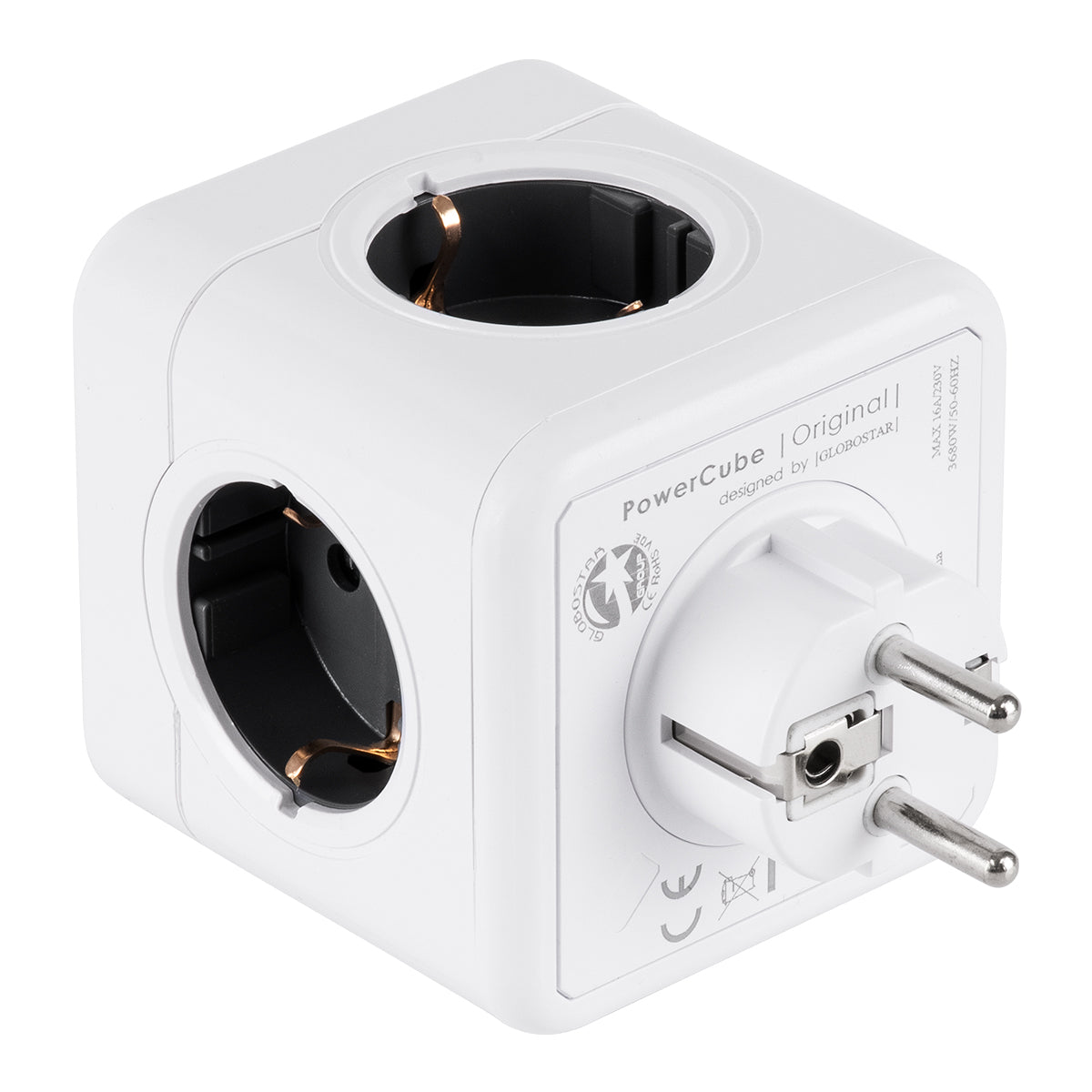 GLOBOSTAR® POWERCUBE 79627 Πολύπριζο 5 Θέσεων με 5 x EU Schuko Πρίζες Ασφαλείας Childproof AC 220-240V 3680W/16A Max Load IP20 - Λευκό & Γκρι - Μ7.5 x Π11.5 x Υ7.5cm - ledmania.gr