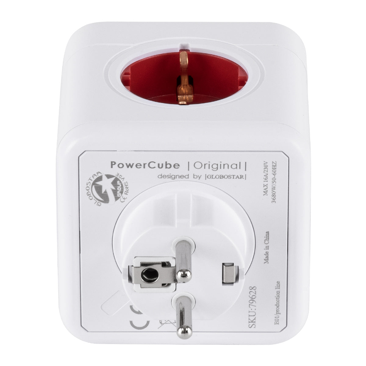 GLOBOSTAR® POWERCUBE 79628 Πολύπριζο 5 Θέσεων με 5 x EU Schuko Πρίζες Ασφαλείας Childproof AC 220-240V 3680W/16A Max Load IP20 - Λευκό & Κόκκινο - Μ7.5 x Π11.5 x Υ7.5cm - ledmania.gr