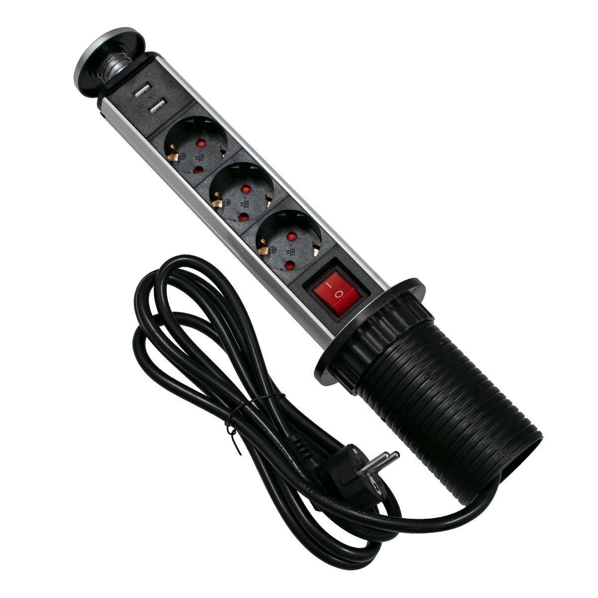 GLOBOSTAR® POWERFOLD 79630 Χωνευτό Πτυσσόμενο Πολύπριζο 5 Θέσεων με 2 x Πρίζες DC 5V USB 3.0 & 3 x EU Schuko Πρίζες Ασφαλείας Childproof AC 220-240V 3000W/13A Max Load με Διακόπτη On/Off IP20 - Μαύρο & Γκρι - Μ8 x Π8 x Υ33cm - ledmania.gr